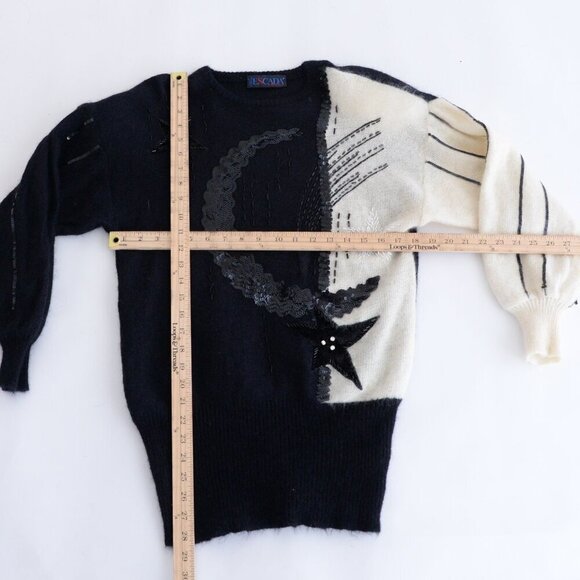 Vintage Escada Black Cream Colour Blocked Sequin Fine Knit Bat Wing Sweater M - Picture 4 of 11